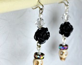 DIA De LOS MUERTOS Day Of The Dead Themed White Skull Black Rose Dangle Earrings Mexico Calavaras Sugar Skulls Calacas Mexican Latin Culture