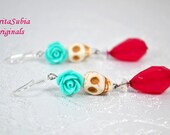 White Skull Earrings Dia De Los Muertos Day of the Day Theme Aqua Rose Dangle Earring Mexico Calaveras Mexican Culture Fuchia Drop Halloween