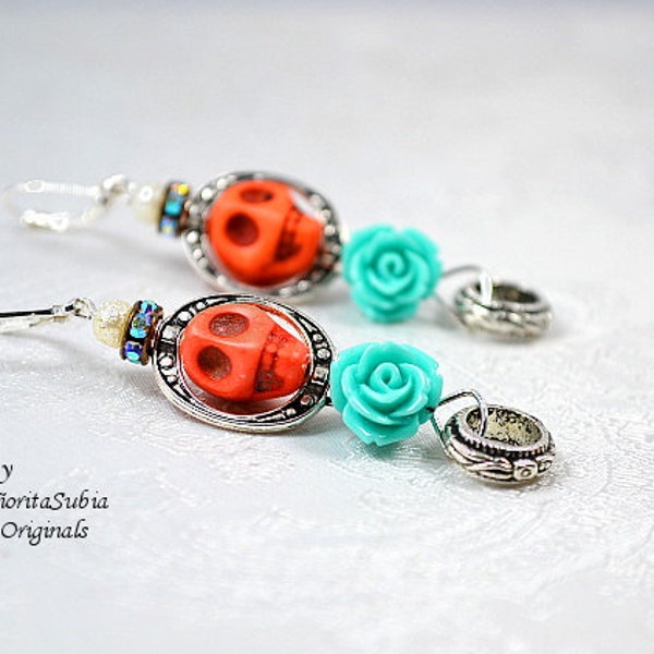 Earrings DIA De LOS MUERTOS Day Of The Dead  Orange Stone Turquoise Rose Skull  Mexico Calavaras Sugar Skull Calacas Mexican Latin Culture