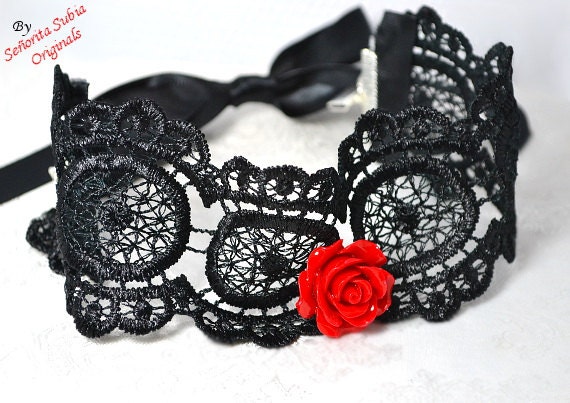Black Red Rose Choker Lace Style Spanish Party Fashion Dance Costume ...