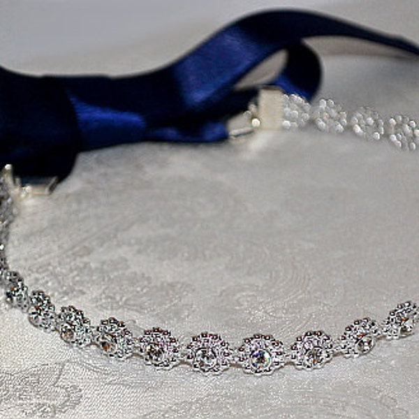 Rhinestone Choker Navy Blue Satin Tie Silver Sparkling Bridesmaid Evening Formal Wear Women Handmade Necklace Accessory Wedding Prom Jewelry