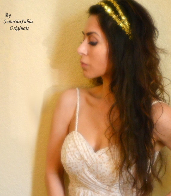 Gold Sequin Double Headband Grecian Goddess Greek Roman Head Wear Egyptian Hair Bridesmaid Wedding Formal Gear Crown Dance Party Fashion