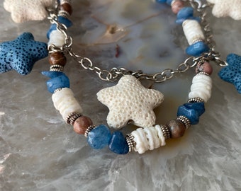 Blue and White Star charm style bracelet lava rock agate stone