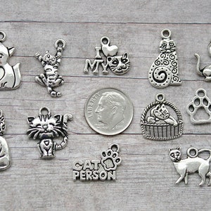12pc or 5pc Cats Charm Set Lot Collection / Jewelry, Scrapbooking, Crafts / Choose Charms, Split Rings, Lobster Clasps or European Bails