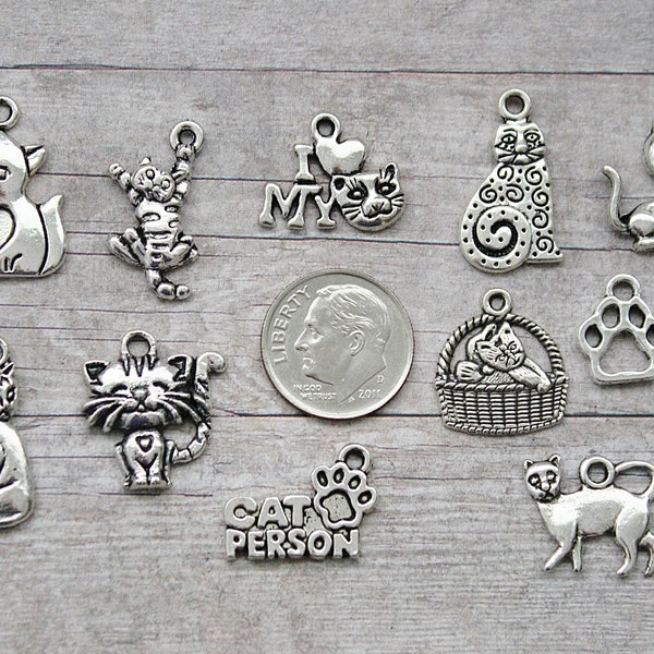 12pc or 5pc Cats Charm Set Lot Collection / Jewelry, Scrapbooking, Crafts / Choose Charms, Split Rings, Lobster Clasps or European Bails