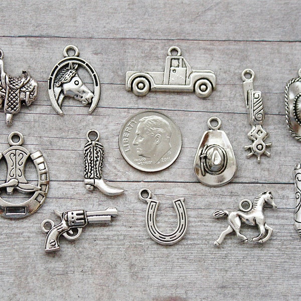 12pc or 5pc Cowboy Country Western Charm Set Lot Collection/Jewelry,Scrapbooking/Choose Charms,Split Rings, Lobster Clasps or European Bails