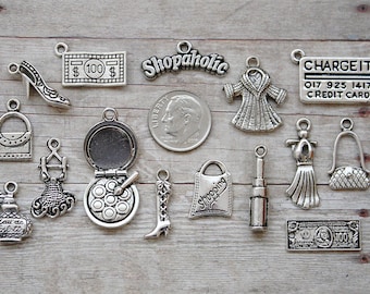 10 Shopping bag charms antique silver tone CA226