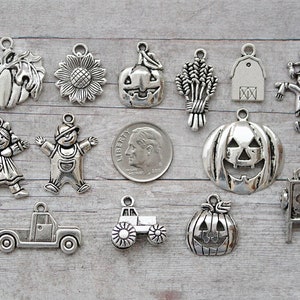 May include: A collection of 14 silver-toned metal charms featuring various fall and Halloween themes, including pumpkins, scarecrows, sunflowers, farmhouses, and a truck. The charms are perfect for adding a festive touch to crafts, jewelry, and other projects.