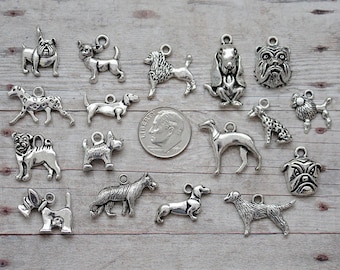 17pc or 5pc Dog Breeds Charm Set Lot Collection / Jewelry, Scrapbooking /Choose Charms, Split Rings, Lobster Clasps or European Bails