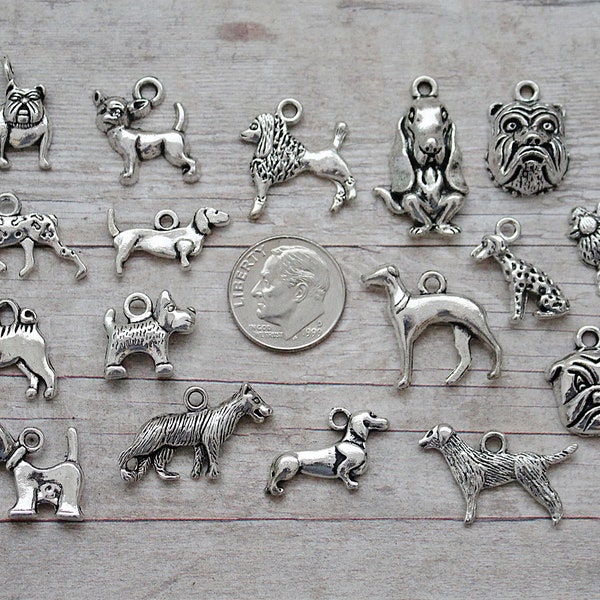 17pc or 5pc Dog Breeds Charm Set Lot Collection / Jewelry, Scrapbooking /Choose Charms, Split Rings, Lobster Clasps or European Bails