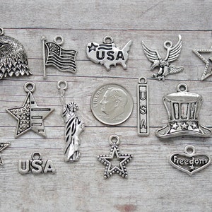 May include: A collection of 15 silver-toned charms with patriotic themes. The charms include stars, eagles, the Statue of Liberty, the American flag, and the words "USA" and "Freedom".