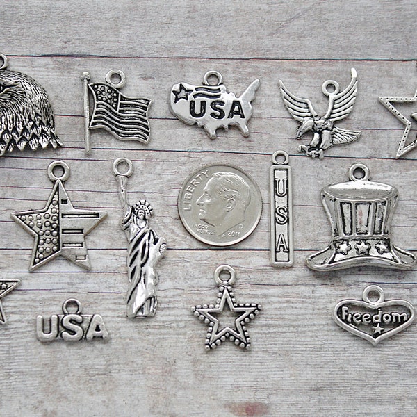 15pc or 5pc 4th of July / Patriotic Charm Set Lot Collection / Jewelry, Scrapbooking / Choose Split Rings, Lobster Clasps or European Bails