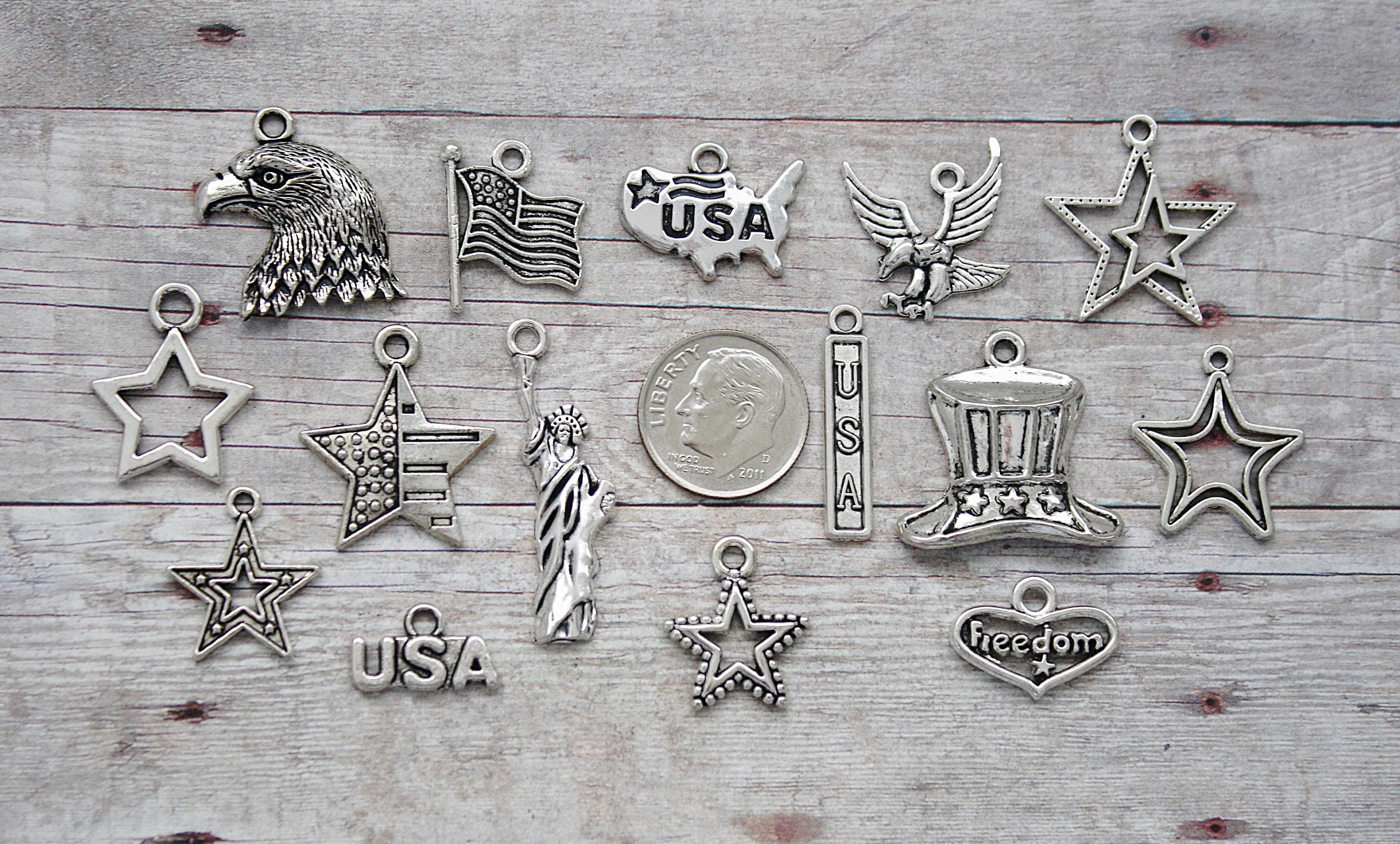 15pc or 5pc 4th of July / Patriotic Charm Set Lot Collection / Jewelry, Scrapbooking / Choose Split Rings, Lobster Clasps or European Bails