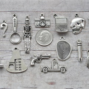 15pc or 5pc Criminologist Charm Set Lot Collection / Jewelry, Scrapbooking / Choose Charms, Split Rings, Lobster Clasps or European Bails