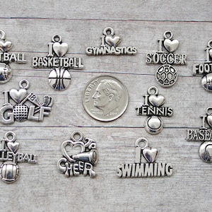 11pc or 5pc I Love Sports Charm Set Lot Collection / Jewelry, Scrapbooking / Choose Charms, Split Rings, Lobster Clasps or European Bails