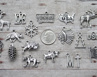 18pc or 5pc State of Montana Charm Set Lot Collection / Jewelry, Scrapbooking / Choose Charms, Split Rings, Lobster Clasps or European Bails