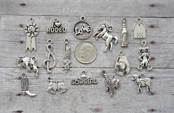 16pc or 5pc Rodeo Charm Set Lot Collection Jewelry Scrapbooking Crafts Choose Charms Split Rings Lobster Clasps or European Bails Etsy