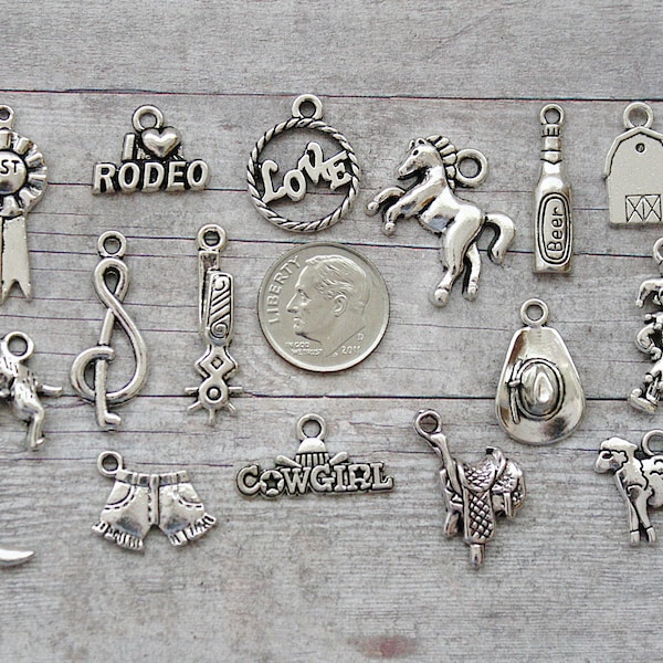 16pc or 5pc Rodeo Charm Set Lot Collection / Jewelry, Scrapbooking, Crafts / Choose Charms, Split Rings, Lobster Clasps or European Bails