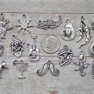 May include: A collection of 16 silver-toned metal charms with various Mexican-themed designs, including a skull, a cactus, a guitar, a sombrero, a chili pepper, a donkey, a margarita glass, a mustache, a lizard, a boot, and a sun. The charms are arranged on a wooden surface.