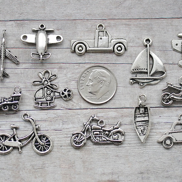 12pc or 5pc Transportation Charm Set Lot Collection / Jewelry, Scrapbooking / Choose Charms, Split Rings, Lobster Clasps or European Bails