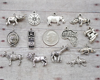 13pc or 5pc African Safari Charm Set Lot Collection / Jewelry, Scrapbooking / Choose Charms, Split Rings, Lobster Clasps or European Bails