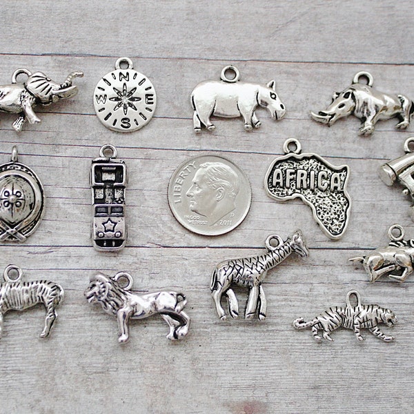 13pc or 5pc African Safari Charm Set Lot Collection / Jewelry, Scrapbooking / Choose Charms, Split Rings, Lobster Clasps or European Bails