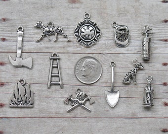 11pc or 5pc Fireman / Firefighter Charm Set Lot Collection/Jewelry, Scrapbooking/Choose Charms, Split Rings,Lobster Clasps or European Bails