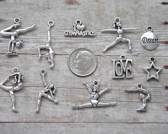 11pc or 5pc Gymnastics / Gymnast Charm Set Lot Collection/Jewelry, Scrapbooking/ Choose Charms, Split Rings,Lobster Clasps or European Bails