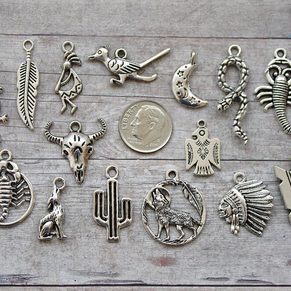 15pc or 5pc Southwestern Charm Set Lot Collection / Jewelry, Scrapbook, Crafts /Choose Charms, Split Rings, Lobster Clasps or European Bails