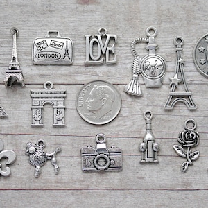 14pc or 5pc Paris Charm Set Lot Collection / Scrapbooking, Jewelry, Crafts / Choose Charms, Split Rings, Lobster Clasps or European Bails