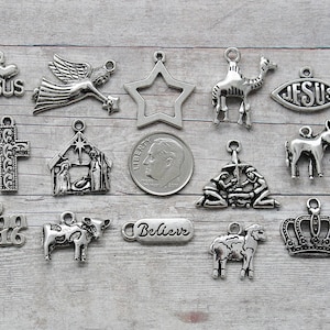 14pc or 5pc Nativity / Christmas Charm Set Lot Collection /Jewelry, Scrapbooking/Choose Charms,Split Rings, Lobster Clasps or European Bails