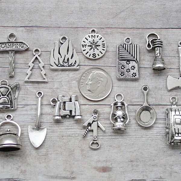 15pc or 5pc Camping Charm Set Lot Collection / Jewelry, Scrapbook / Choose Charms, Split Rings, Lobster Clasps or European Bails / Set #2