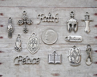 12pc or 5pc Armor of God Charm Set Lot Collection / Choose Charms, Split Rings, Lobster Clasps or Bails