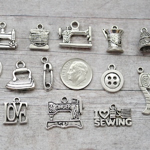 13pc or 5pc Sewing / Seamstress Charm Set Lot Collection /Jewelry, Scrapbooking/Choose Charms, Split Rings, Lobster Clasps or European Bails