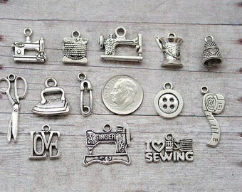 13pc or 5pc Sewing / Seamstress Charm Set Lot Collection /Jewelry, Scrapbooking/Choose Charms, Split Rings, Lobster Clasps or European Bails