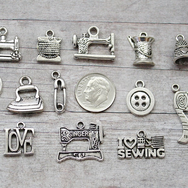 13pc or 5pc Sewing / Seamstress Charm Set Lot Collection /Jewelry, Scrapbooking/Choose Charms, Split Rings, Lobster Clasps or European Bails