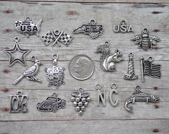 17pc or 5pc State of North Carolina Charm Set Lot Collection/Jewelry,Scrapbooking/Choose Charms,Split Rings,Lobster Clasps or European Bails