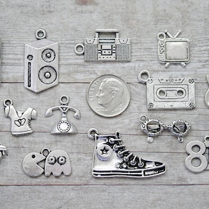 13pc or 5pc Decades 80&#39;s / Eighties Charm Set Lot Collection / Jewelry, Crafts/ Choose Charms, Split Rings, Lobster Clasps or European Bails