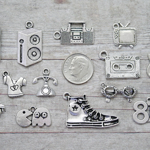 13pc or 5pc Decades 80's / Eighties Charm Set Lot Collection / Jewelry, Crafts/ Choose Charms, Split Rings, Lobster Clasps or European Bails