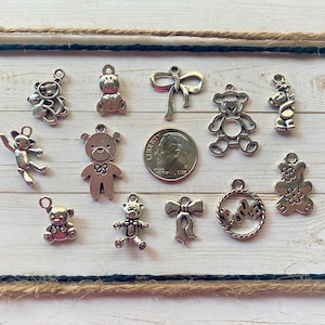 12pc or 5pc Teddy Bears Charm Set Lot Collection /Jewelry, Scrapbooking, Crafts/Choose Charms, Split Rings, Lobster Clasps or European Bails