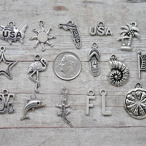 16pc or 5pc State of Florida Charm Set Lot Collection / Jewelry, Scrapbooking / Choose Charms, Split Rings, Lobster Clasps or European Bails