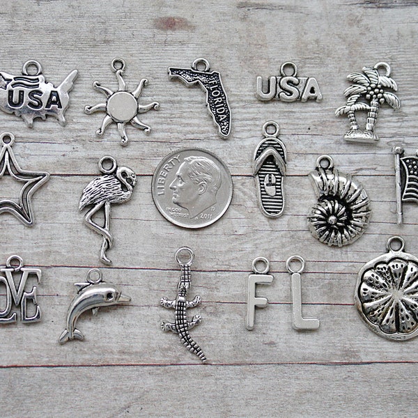 16pc or 5pc State of Florida Charm Set Lot Collection / Jewelry, Scrapbooking / Choose Charms, Split Rings, Lobster Clasps or European Bails