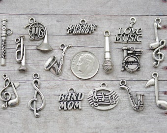 15pc or 5pc Marching Band Charm Set Lot Collection / Jewelry, Scrapbooking / Choose Charms, Split Rings, Lobster Clasps or European Bails