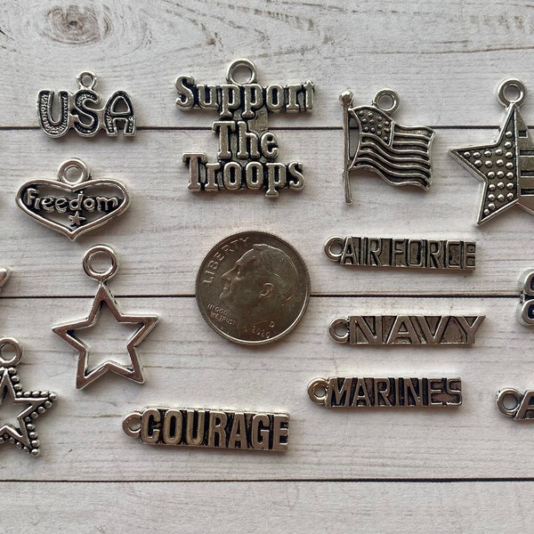 15pc or 5pc Military Army, Navy, Marines+ Charm Set Lot Collection/Jewelry,Scrapbooking/Choose Split Rings, Lobster Clasps or European Bails