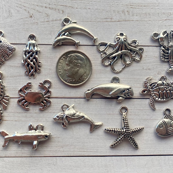 13pc or 5pc Sea / Ocean Animals Charm Set Lot Collection /Jewelry, Scrapbooking/Choose Charms, Split Rings, Lobster Clasps or European Bails