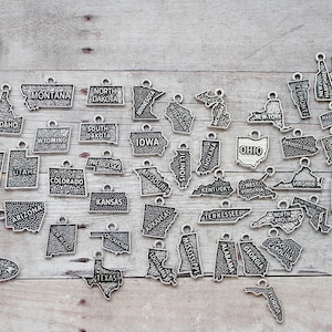 50pc or 1pc United States Charms /Choose all 50 states OR Choose One Single State Charm/ Choose Charms, Split Rings, Lobster Clasps or Bails
