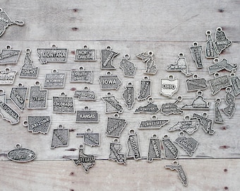50pc or 1pc United States Charms /Choose all 50 states OR Choose One Single State Charm/ Choose Charms, Split Rings, Lobster Clasps or Bails