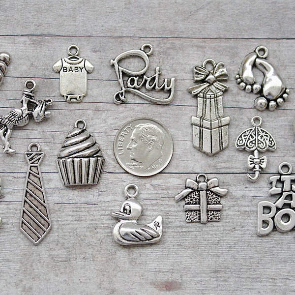 14pc or 5pc Baby Shower Boy Charm Set Lot Collection / Jewelry, Scrapbooking / Choose Charms, Split Rings, Lobster Clasps or European Bails