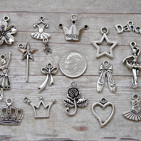15pc or 5pc Ballet Princess Charm Set Lot Collection / Jewelry, Scrapbooking / Choose Charms, Split Rings, Lobster Clasps or European Bails