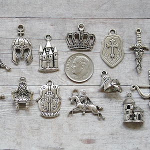 14pc or 5pc Medieval / Knight Charm Set Lot Collection / Jewelry, Scrapbooking /Choose Charms, Split Rings, Lobster Clasps or European Bails